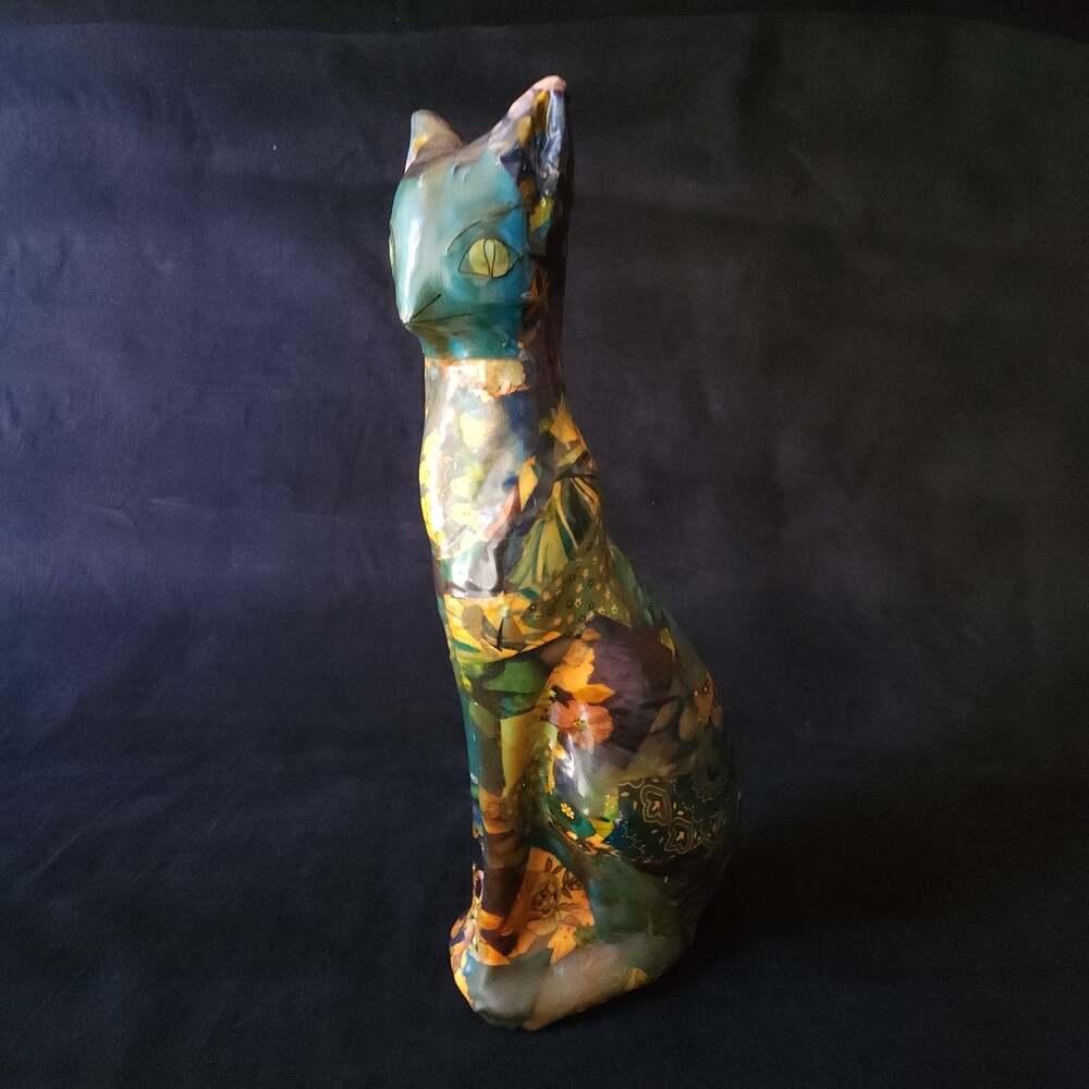 Vintage 16" Decoupage Patchwork Cat Figurine Tall Floral Fabric Paper Mache Art
